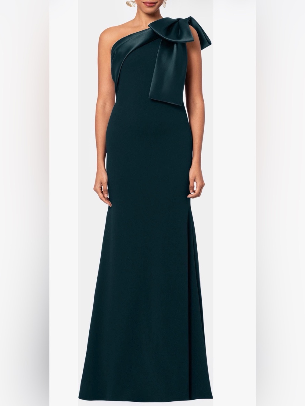 Betsy & Adam One-Shoulder Teal Evening Gown